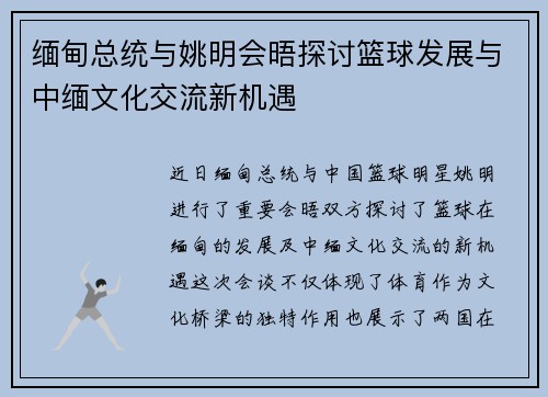 缅甸总统与姚明会晤探讨篮球发展与中缅文化交流新机遇