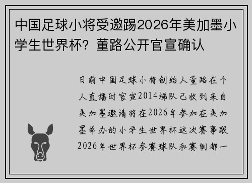 中国足球小将受邀踢2026年美加墨小学生世界杯？董路公开官宣确认